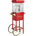A red Carnival King popcorn machine on a cart with wheels.