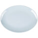 A white platter with a blue oval design on a white background.