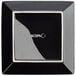 A glossy black square Acopa stoneware plate with white text on the bottom.