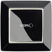 An Acopa glossy black square stoneware plate with a white logo.