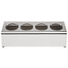 A Steril-Sil stainless steel countertop flatware organizer with four rectangular holes.