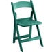 A green resin folding chair with a slatted seat.