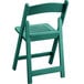 A green Lancaster Table & Seating folding chair with a wooden slat seat.
