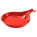A red spoon shaped bowl with a handle.