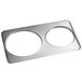 A stainless steel Vigor steam table adapter plate with two holes, one 8 3/8 inches and one 10 3/8 inches.
