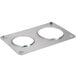 A stainless steel ServIt adapter plate with two holes, one 6 3/8" and one 8 3/8" wide.