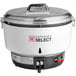 An Emperor's Select natural gas rice cooker with a white and black pot and lid.