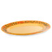 A white oval melamine platter with a yellow border and orange and green floral design.