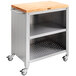 A John Boos stainless steel formaggio cart with wooden shelves on wheels.