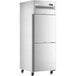 An Avantco stainless steel reach-in refrigerator with a right-hinged half door open.
