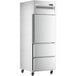 An Avantco stainless steel reach-in refrigerator with drawers on wheels.