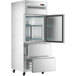 A stainless steel Avantco reach-in refrigerator with a right-hinged solid half door and 2 drawers open.