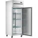 A silver stainless steel Avantco reach-in freezer with a solid door.