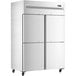 An Avantco stainless steel reach-in freezer with two solid half doors.