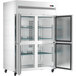 An Avantco stainless steel reach-in freezer with two solid half doors open.