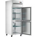 A stainless steel Avantco reach-in refrigerator with two right-hinged solid half doors open.