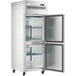 A stainless steel Avantco reach-in freezer with two half doors open.