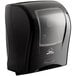 A black Hygenics touch-free paper towel dispenser with a black handle.