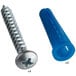 A blue plastic dowel with a hole and a screw being inserted into it.