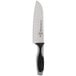 A Dexter-Russell V-Lo Santoku chef knife with a black handle and white blade.