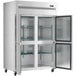 An Avantco stainless steel reach-in freezer with two half doors open.