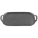 A Tablecraft matte black rectangular melamine tray with two handles.