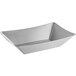 A silver rectangular stainless steel serving basket with a curved edge and a handle.