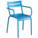 A blue Lancaster Table & Seating outdoor chair with arms.