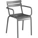 A Lancaster Table & Seating gray aluminum arm chair.