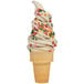 A white ice cream cone with vanilla soft serve and sprinkles.