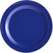 A blue melamine plate with a narrow white rim.