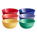 A set of six Acopa Foundations melamine nappie bowls in assorted colors.