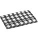 A folded black and white checkered vinyl table cover with umbrella opening.