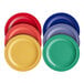 A stack of Acopa Foundations narrow rim melamine plates in assorted colors including yellow, blue, red, and pink.