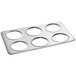 A silver stainless steel adapter plate with 6 holes for Vigor steam table insets.