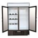 A white Beverage-Air wine rack in a black refrigerator with glass doors.