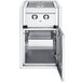 A stainless steel Crown Verity built-in cabinet with a rectangular grill and two side burners.