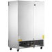 An Avantco stainless steel reach-in freezer with two solid doors.