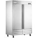 A large stainless steel Avantco reach-in freezer with solid doors.