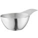 A silver stainless steel Vollrath ramekin with a handle.