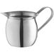 A silver stainless steel Vollrath bell creamer with a handle.