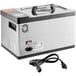 A silver and black VacPak-It thermal sous vide circulator on a counter with a cord attached.