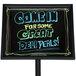 A black Aarco single pedestal sign with writing that says "Come for some great deli" on it.