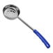 A silver perforated portion spoon with a blue handle.