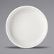 A white plate with a black rim.