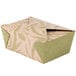 A green and brown Fold-Pak Bio-Plus-Earth paper take-out box with a lid.