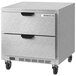 A silver stainless steel Beverage-Air undercounter refrigerator with two drawers.