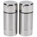 A pair of silver stainless steel American Metalcraft salt and pepper shakers.