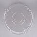 A clear plastic round high dome lid for Sabert serving trays.