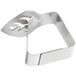 A silver metal Choice tablecloth clip with a leaf design.